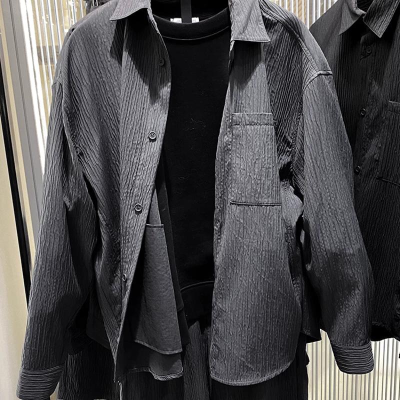 Design Men's Solid Loose Fit Wrinkle Lapel Collar Long Sleeve Button Down Shirt Casual Commuting Spring Autumn Tops