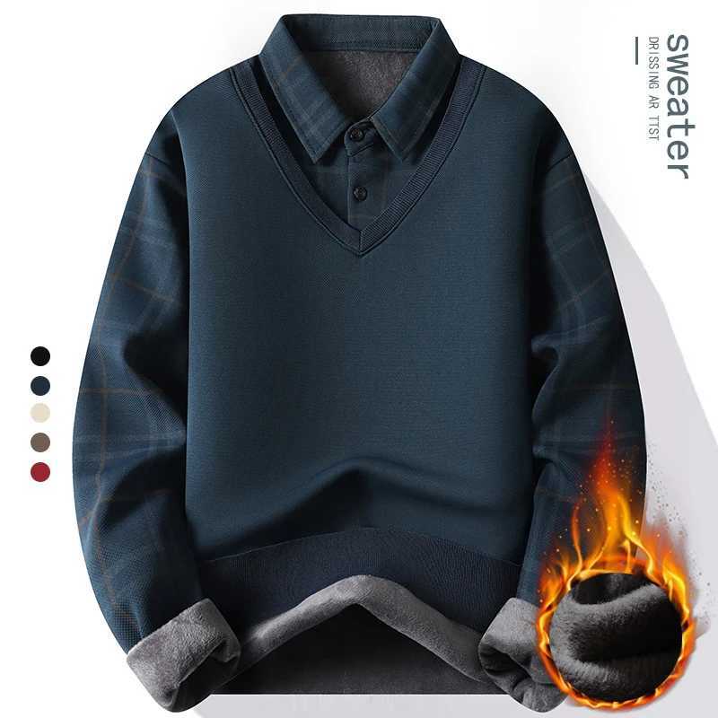 Men's Sweaters New Mens fl1 Collar Sweater Fake 2 Pieces Patchwork Velvet Pullovers Slim Fit Tops Elegant Knitted Sweaters D261009