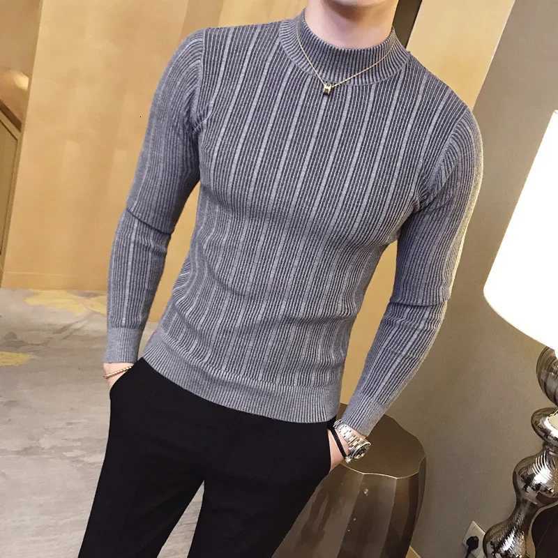 Men's Sweaters New Autumn Winter High Collar Striped Sweater Fashion Boutique Solid Color Men's Casual Knit Pullover Tight Fashion Mens Sw