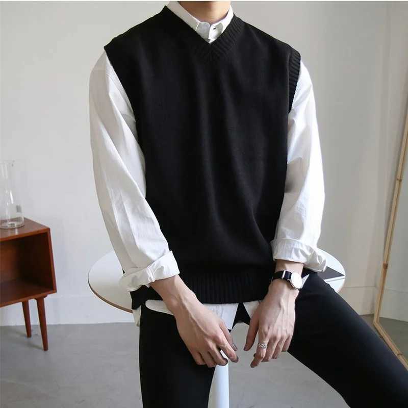 Men's Sweaters 2023 New Mens Sweater ve1 Spring sl1less Loose Solid Color Simple V Neck Sweater Men Korean Fashion Harajuku Pullover ve1 D26100