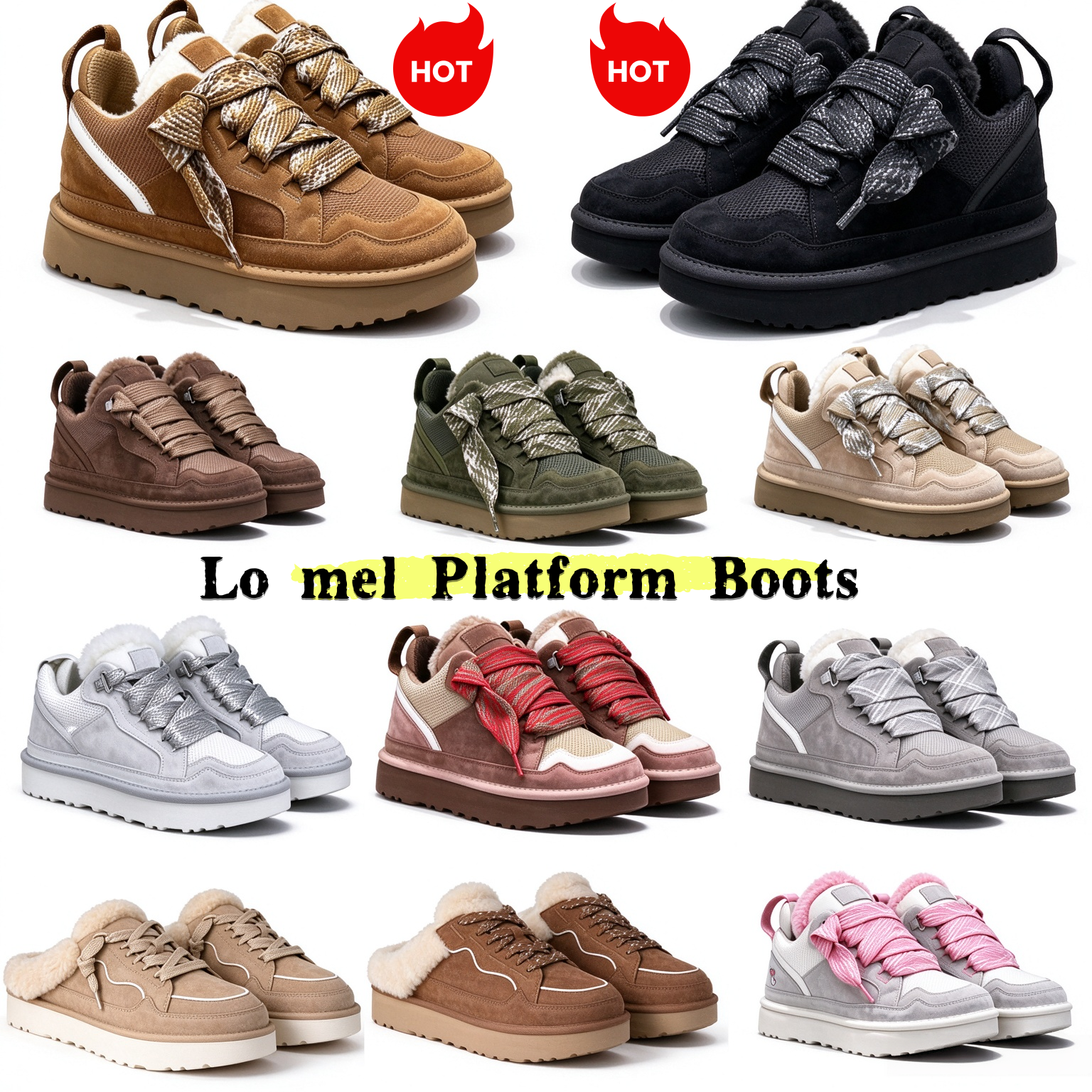 Highmel Designer Platform Boots Sneakers Lo Low Mel Trainers Casual Boots Sand Shoes Womens Wedge Mule Winter Sand Wool Sheepskin Warm Runner Mens L