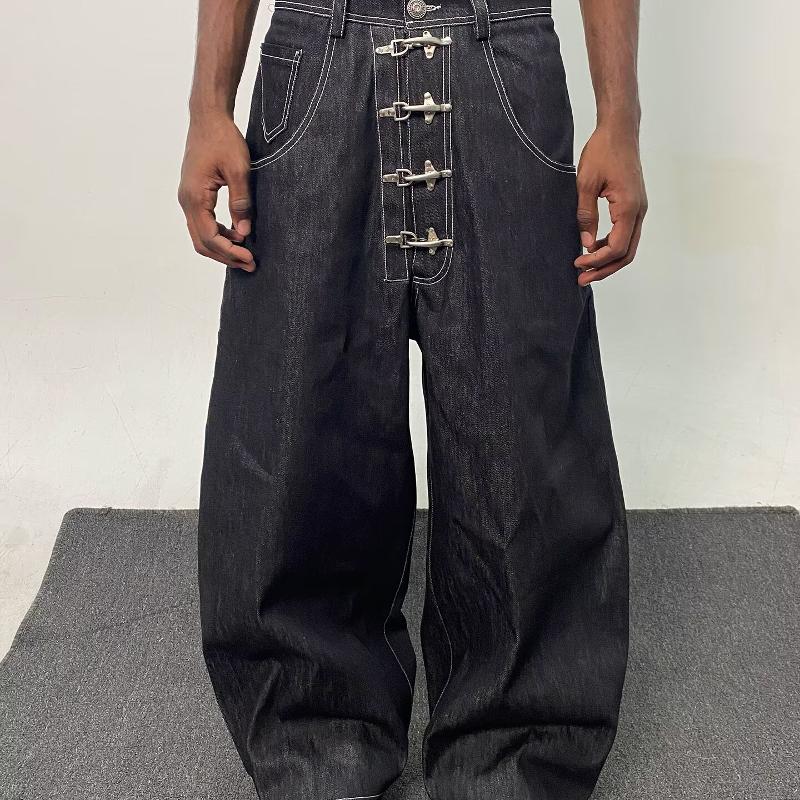 Designer Oversized Men Baggy Jeans High Waist Button Fly Loose Straight Leg Denim Pants Vintage Streetwear Hip Hop Y2K Trousers Blue