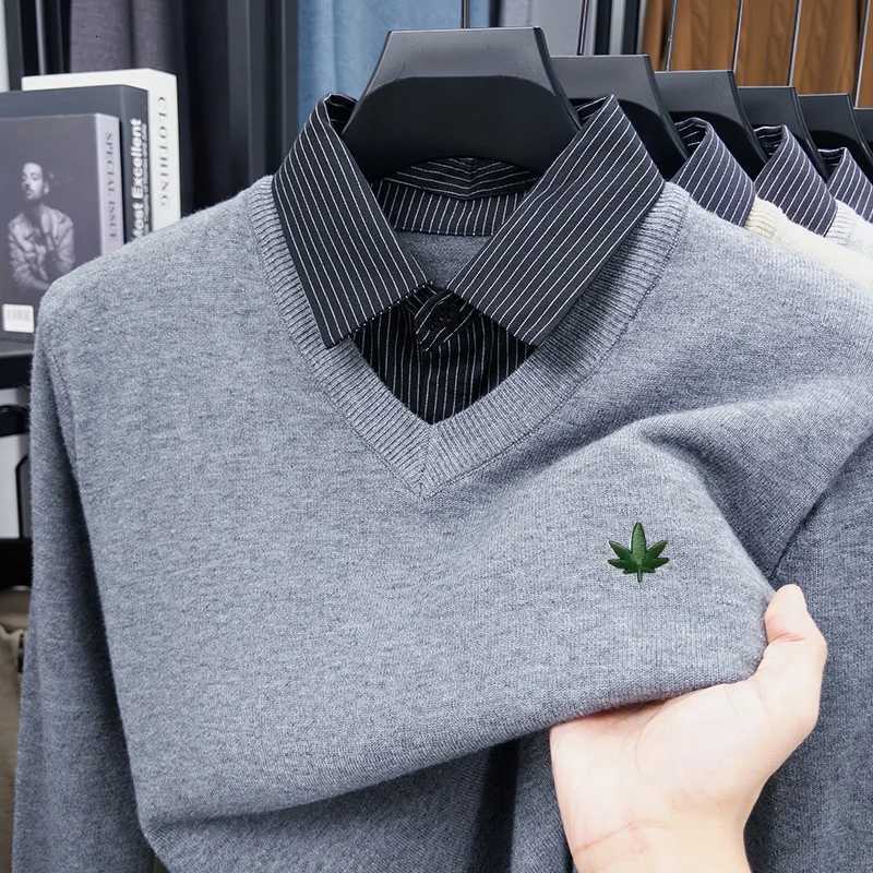 Men's Sweaters Mens Long-sl1d Sweater Lapel Button Color Blocking False Two-Piece Embroidered Knitwear Fashion Casual Men's Wear D261009