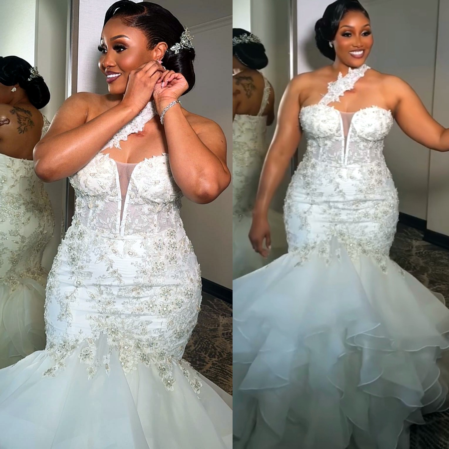 Chic Vintage-Inspired Ivory Mermaid Wedding Dresses One Shoulder Floral Lace Tiers Vintage Charming Bridal Gowns Dress ZK34