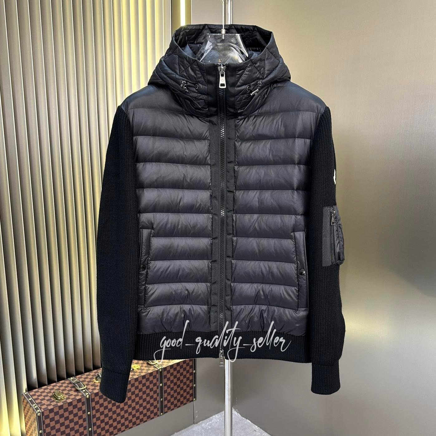 Mens Puffer Jacket Winter Knit Sleeve Spliced Hooded Cotton Parkas Stand Collar Knitted Splicing Windproof Warm Sweater Outerwear Lightweight Down J