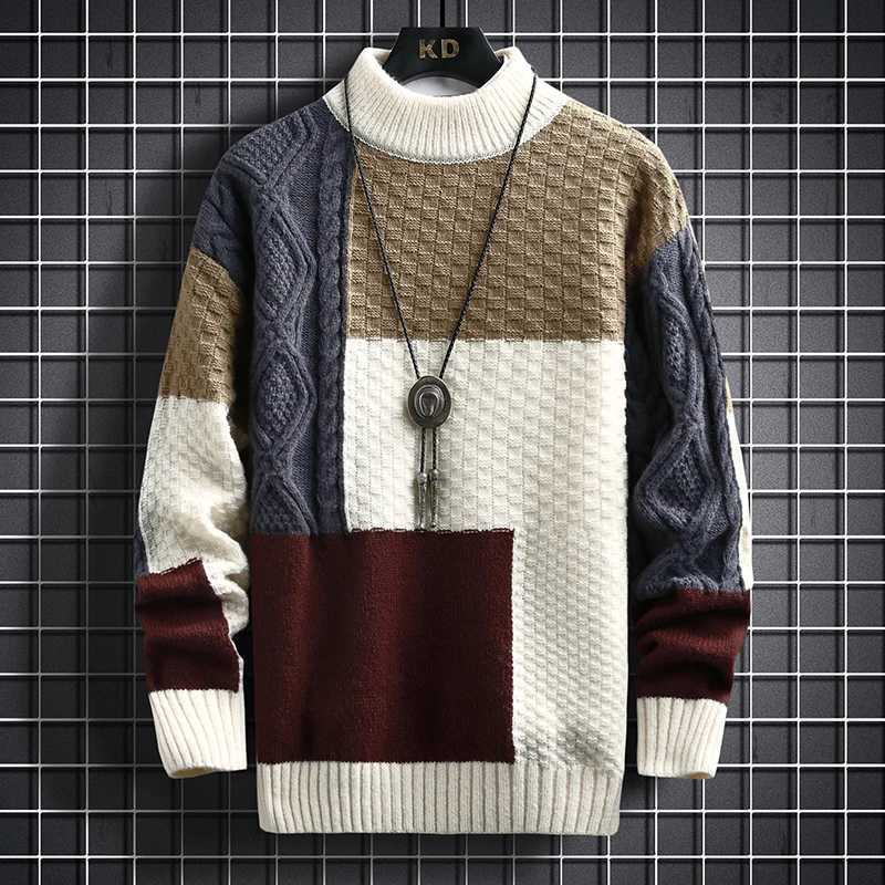 Men's Sweaters 2023 Autumn Winter Men Sweater Warm Fashion Stitching Color Matching Pullover Round Neck Sweater Thickened Knitted Sweater S-3Xl