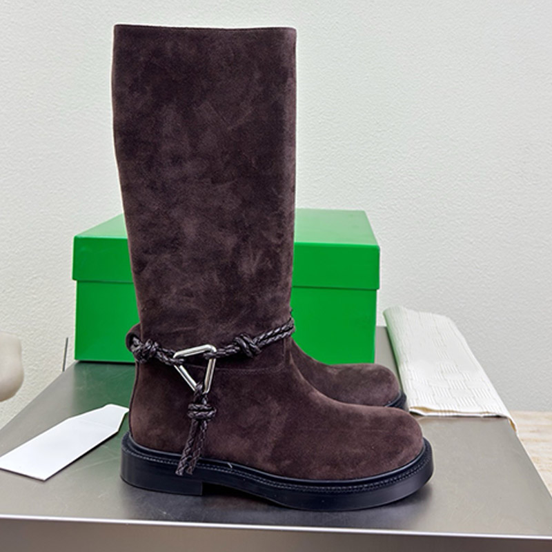 James Knot Suede Knee High Boots Exquisite Womens Designer Dark Chocolate Brown Detachable Woven Leather Rope Strap Boots Weekend Travel Platform Bo