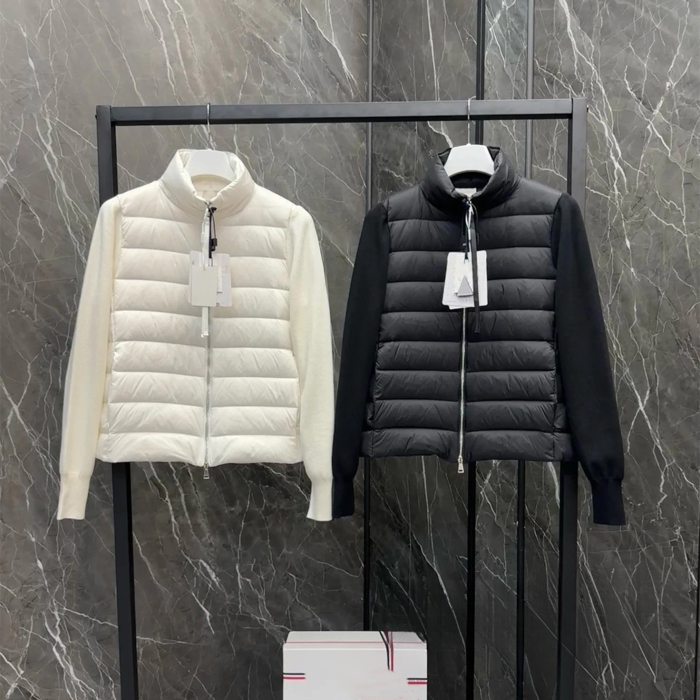 Women Hybrid Down Knit Jacket, Quilted Padded Wool Blend Zip Up Cardigan, Stand Collar Short Slim Fit Outerwear, Lightweight Goose Down Coat