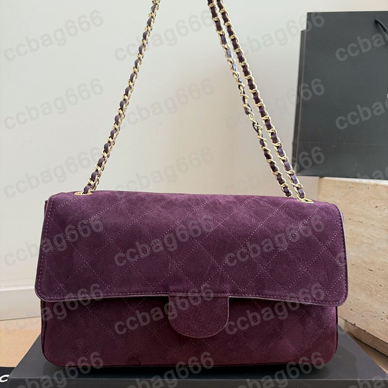 32CM/38.5CM Designer Purple Suede Calfskin Jumbo Maxi CF Shoulder Bag Airport Large Capacity Diamond Pattern Quilted Handbag Gold Matelasse Chain Tu