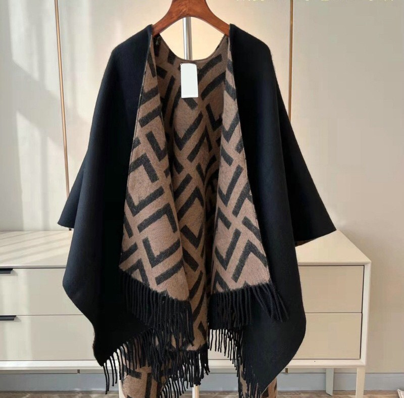 Designer Double-Sided Letter Wool Large Shawl, Winter Fashion Women's Warm Scarf, Hot-Selling Split Cape Shawl