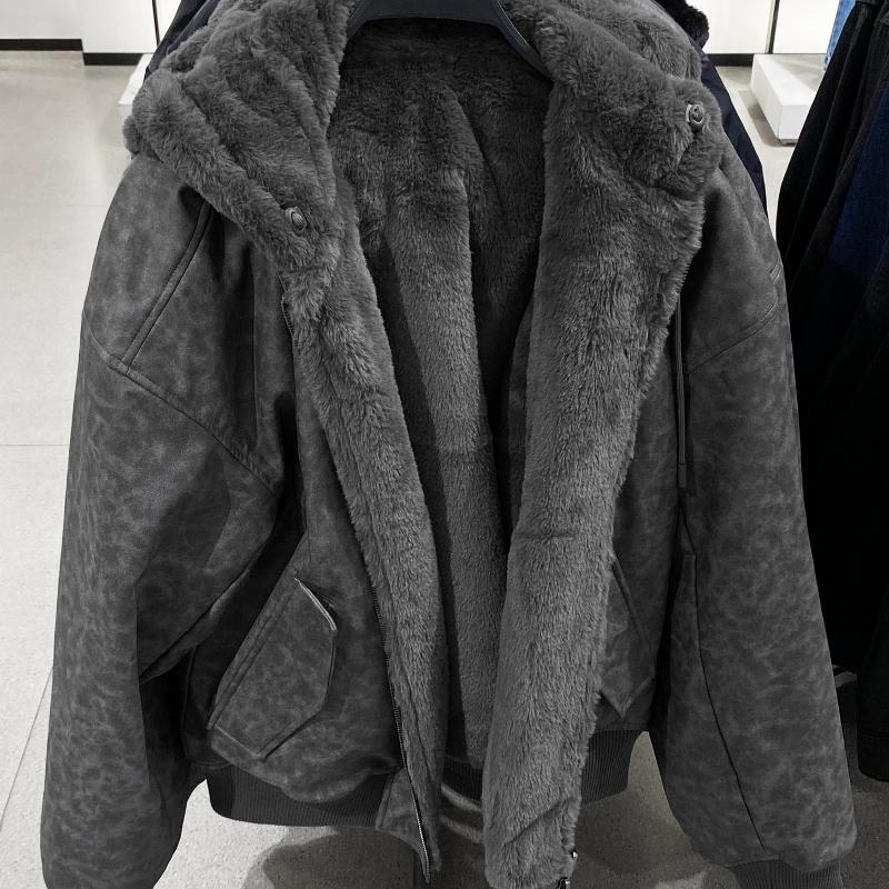 Veste à capuche réversible en fausse fourrure pour hommes, manteau d'hiver épais doublé de polaire, fermeture éclair, coupe ample, vêtements d'ex
