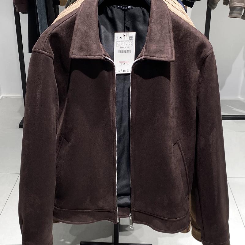 Designer Men Faux Suede Zip Up Jacket Spring Autumn Solid Casual Bomber Coat Trendy Streetwear Outerwear S-XL