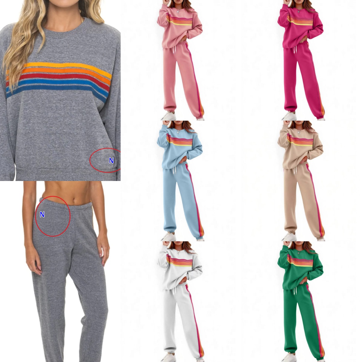 E7399 A Nation Ensemble sweat-shirt et pantalon décontracté pour femme, coupe ample, motif à rayures colorées, col rond, ensemble à capuche avec