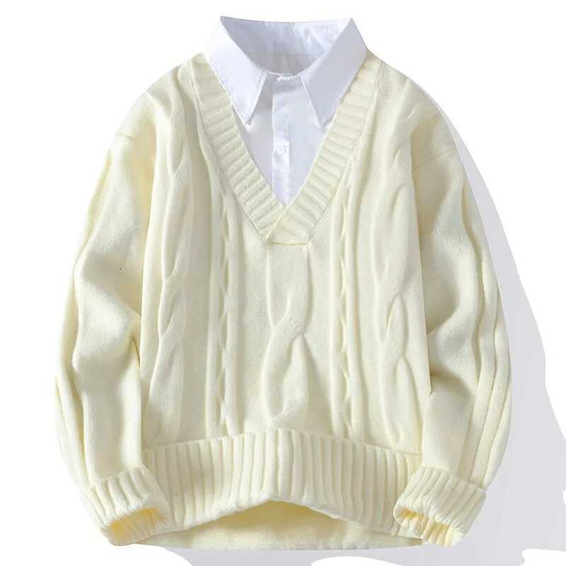 Men's Sweaters Fake Two-Piece Knit Pullovers Men Casual Knitted Sweater Autumn Winter Fashion Preppy Style V-Neck Pull On Sweater Solid Knitwea