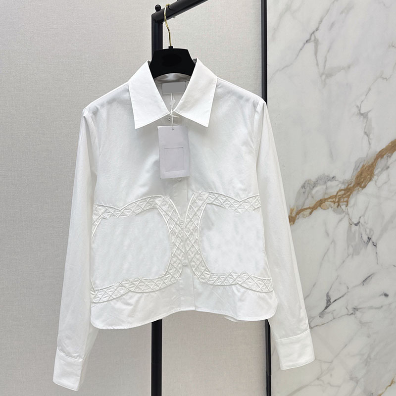 Autumn White Crop Shirt Women Embroidered Long Sleeved Blouse Designer Trendy School Office Versatile Shirts