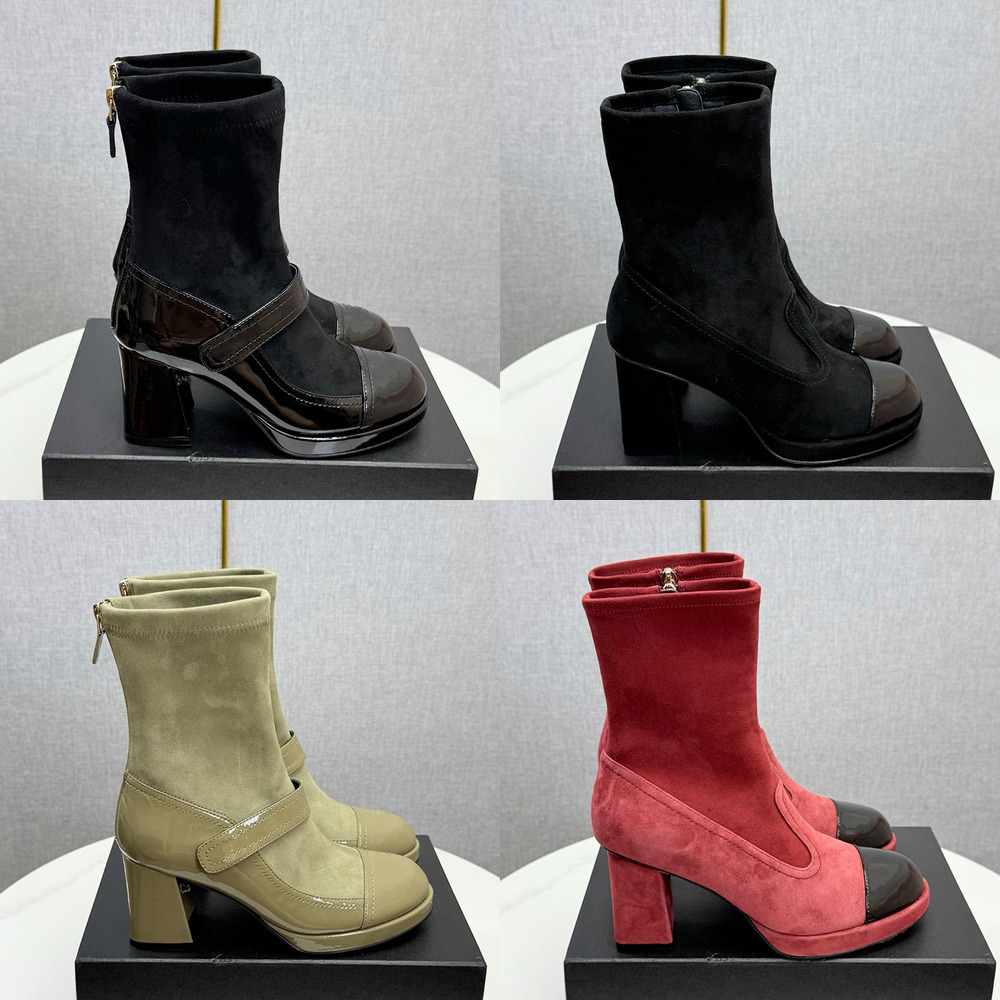 boot woman designer block heel patent matte leather round toe zipper strap work luxury comfortable black beige khaki brown gold vintage retro modern