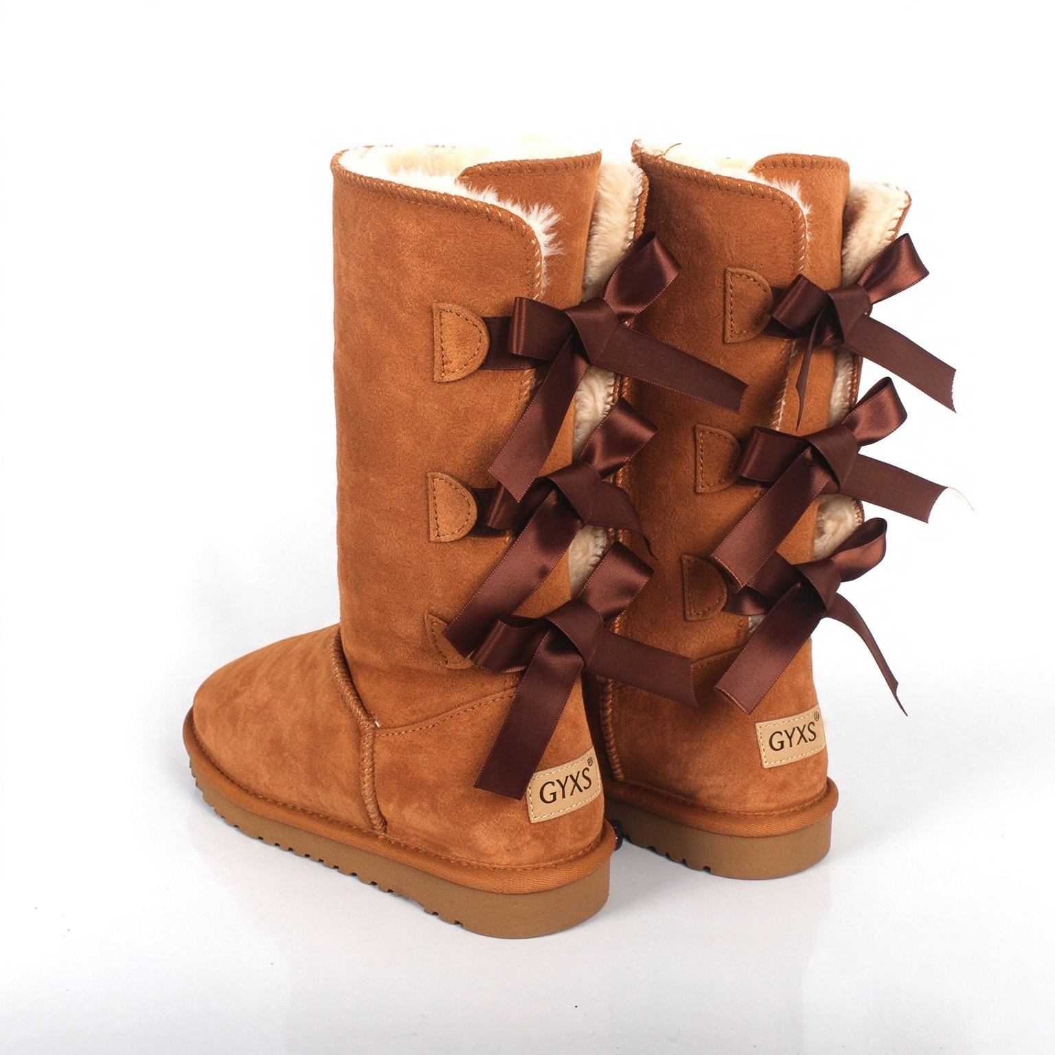 GYXS Brand Designer Shoes New Women's Three Bow Snow Knee Boots Classic Daily Student Boots Cowhide Black Brown Pink Blue Cotton Shoes