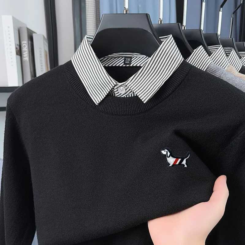 Men's Sweaters Men's ONeck Knitted Sweater Autumn Winter Fake Two-Piece Color Block Shirt Collar Long sl1d Tops Business Casual Men's