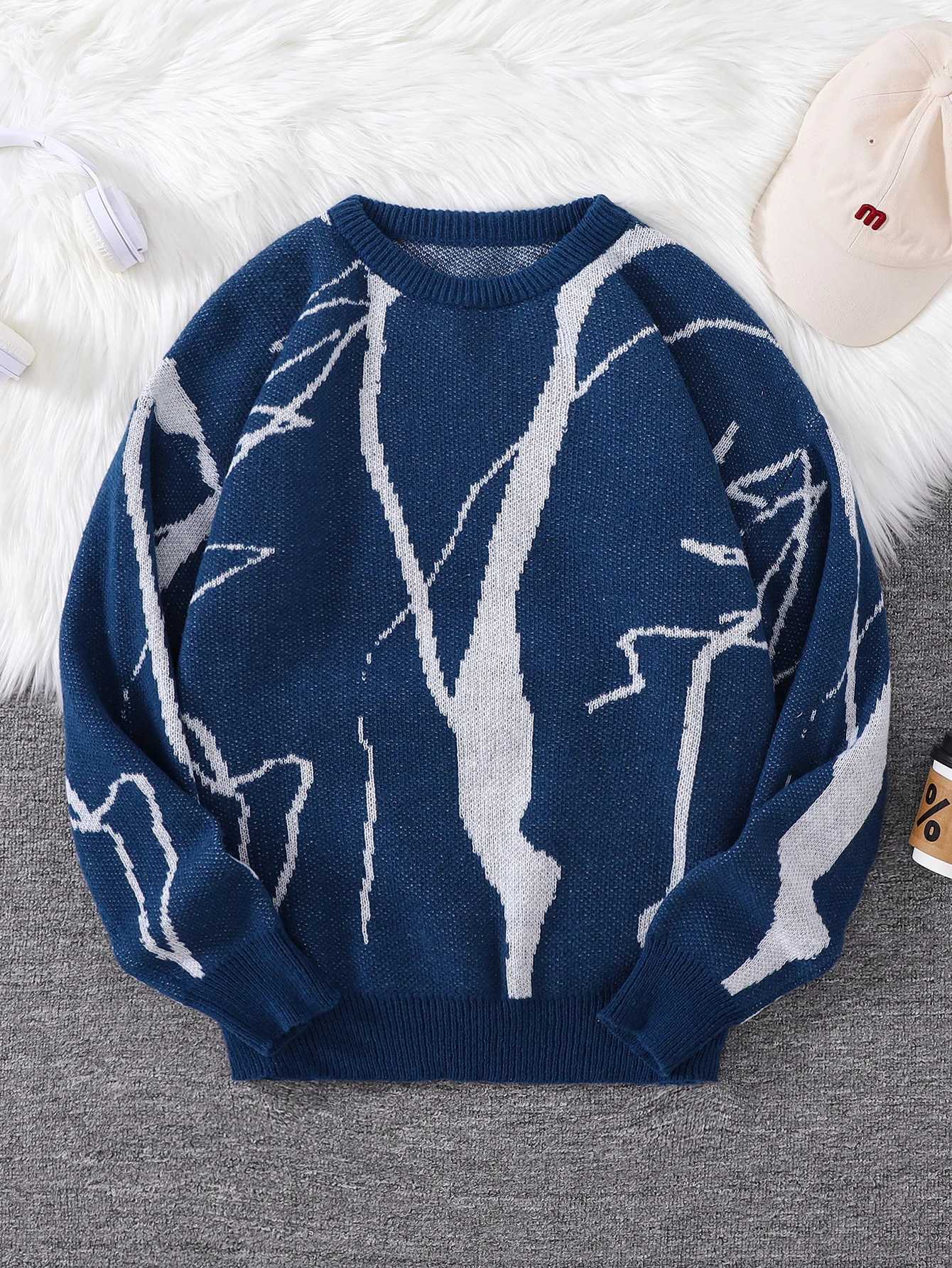 Men's Sweaters New Popular Autumn and Winter Abstract Crack Graffiti Jacquard Pattern Pullover Sweater Casual Round Neck Knitted Men's Pul