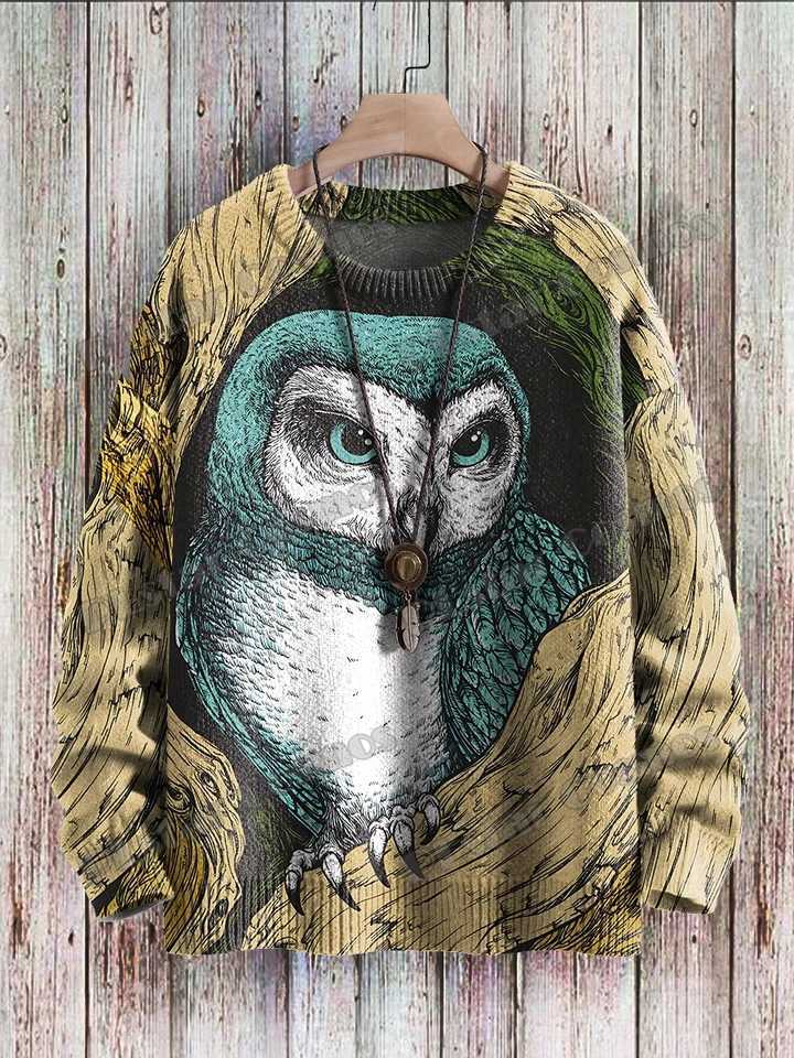 Men's Sweaters PLstar Cosmos Retro Funny Owl Art Pattern 3D Printed Men's Knitted Pullover Winter Unisex Casual Knit Pullover Sweater ZZM1