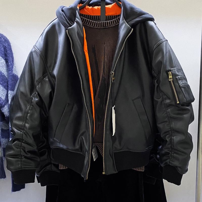 Veste d'hiver rembourrée en simili cuir à capuche pour hommes, coupe ample, épaisse et chaude, fermeture éclair, vêtements d'extérieur décontract