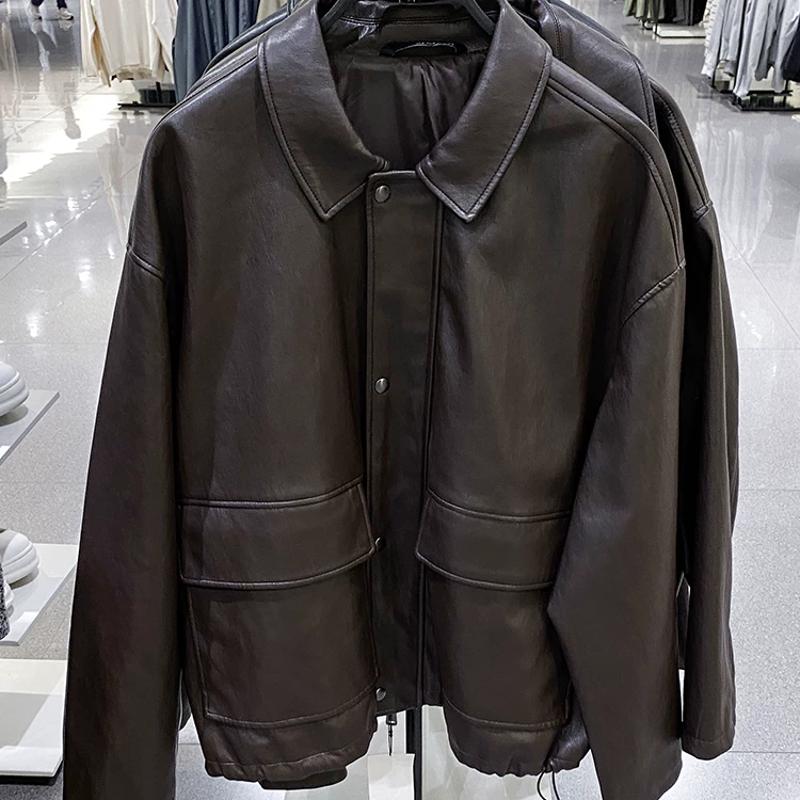 Veste à revers en simili cuir pour hommes, automne-hiver, ample, décontractée, fermeture éclair, coupe-vent, poches d'extérieur, beige, vert fonc