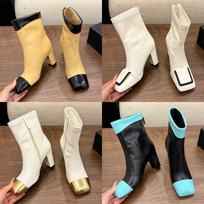 Elección más popular 2026, botines con punta cuadrada y bloque de Color de cuero genuino 100% para mujer, botines elásticos con cremallera lateral y