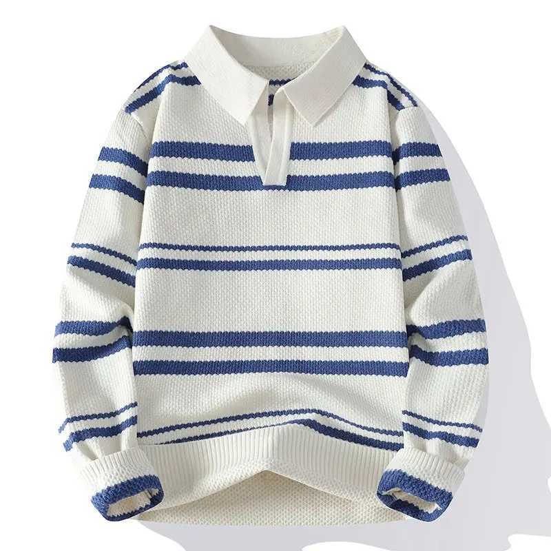 Men's Sweaters Autumn Winter Men's Striped Collar Knitted Sweater Youthful Vitality Long sl1 Turn Down Collar Casual Knit Pullovers Men D2