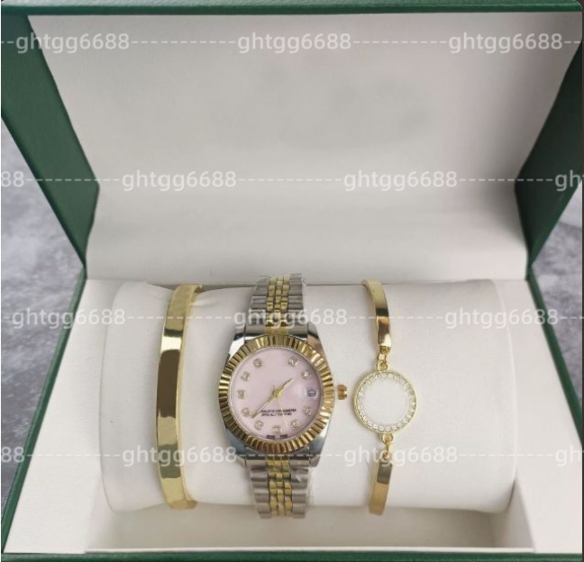 3-piece set of 5-piece watch luxury designer high-quality women's pink dial hollow strap fashionable gold bracelet quartz watch student women&#