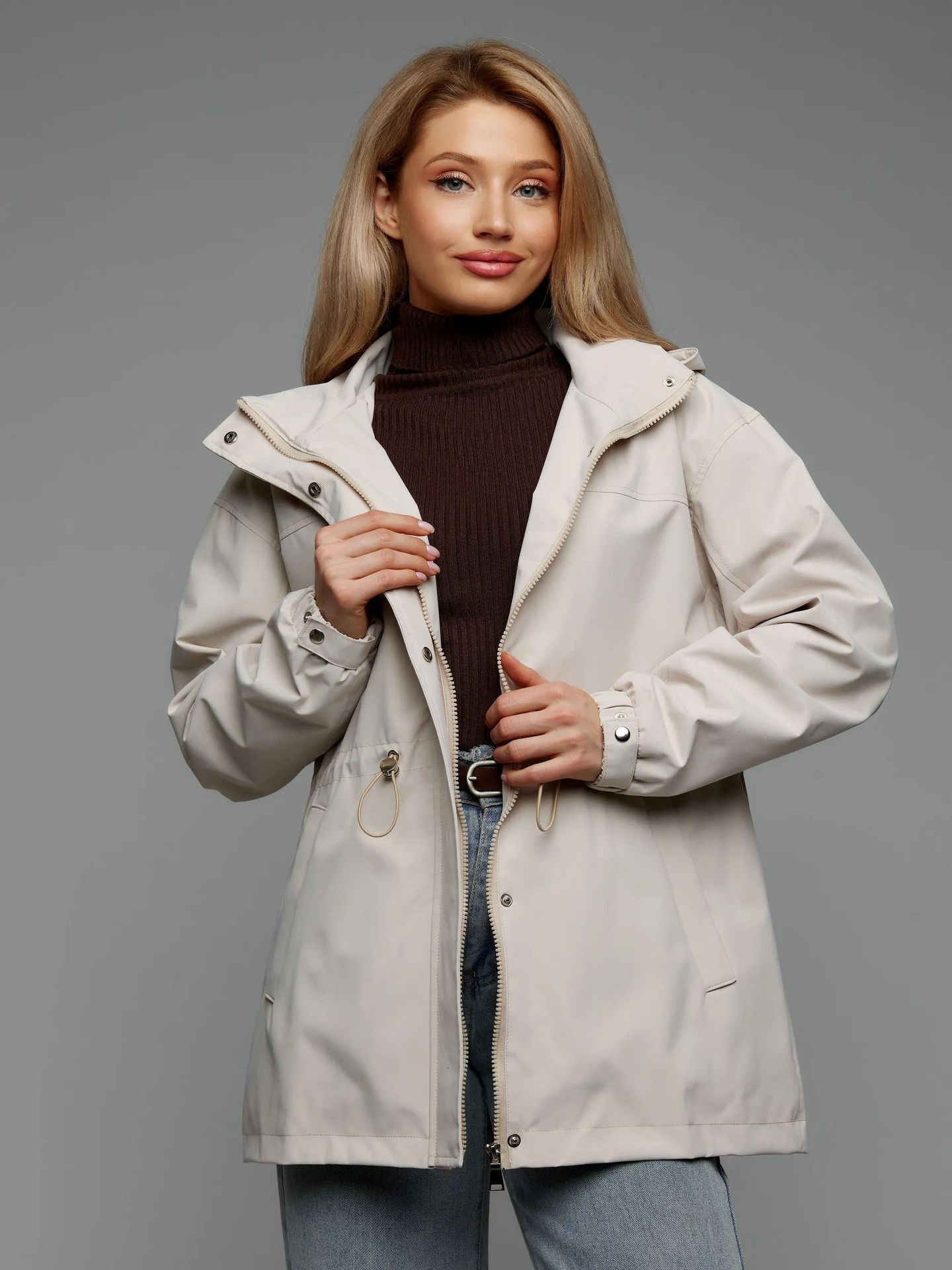 European American style casual outdoor drawstring waist windbreaker, sports and hiking jacket, windproof coat, women's export apparel