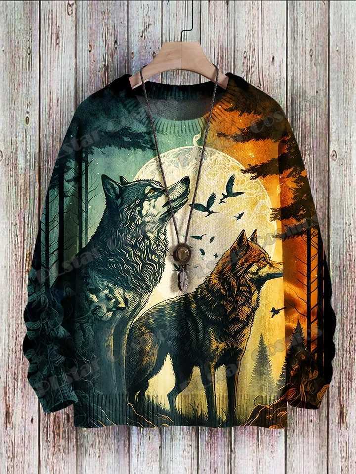 Men's Sweaters Wolf Vintage Retro Colorful Lion Pattern 3D Printed Men's Knitted Pullover Winter Unisex Casual Knit Pullover Sweater ZZM11