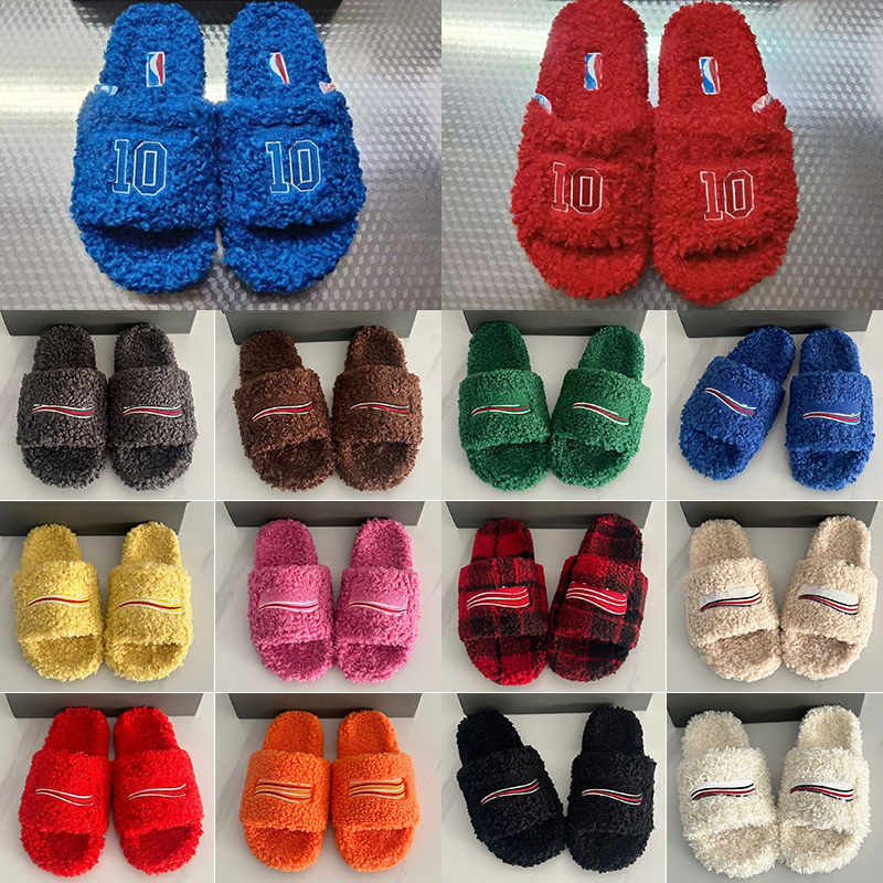 Designer Fur Slide Furry Fluffy Slides Winter Warm Open Toe Plush Slippers Striped Embroidery Soft Faux Fur Indoor Home Slipper for Men and Women Eu