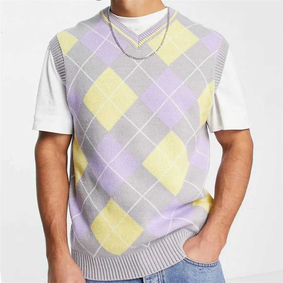 Men's Sweaters 2026 New Men's V-neck Knitted ve1 Rhombus Plaid Pullovers Waistcoat for Man Korean Style Spring Autumn Thin sl1less Sweater