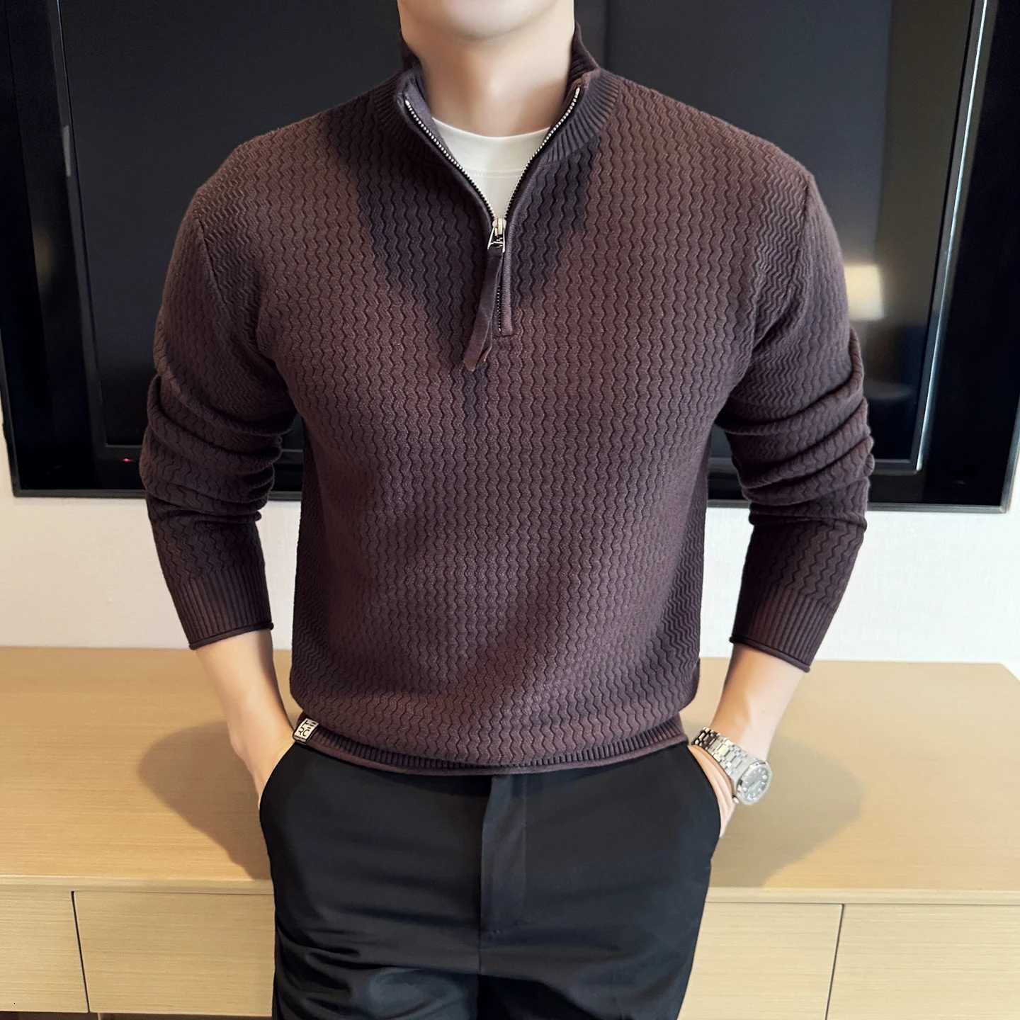 Men's Sweaters Autumn New Men's Half Zip Sweater Slim Fit Knitted Pullover Mock Neck Casual Long sl1 Pullovers Outerwear Winter Warm Tops