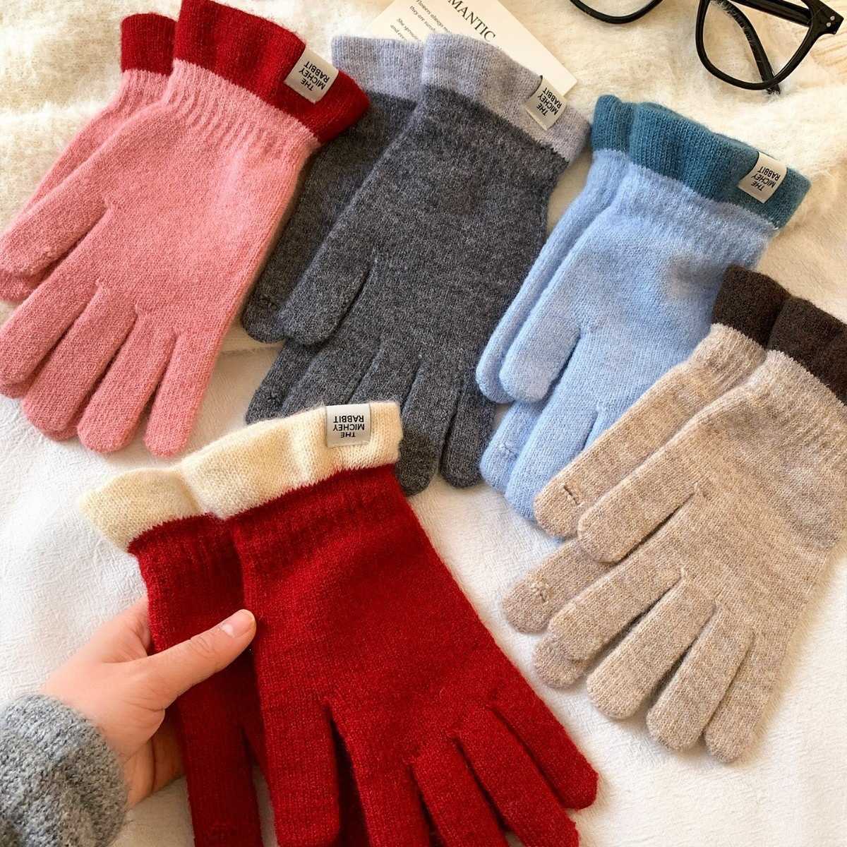 Colorblocked knitted gloves with separate fingers Korean style for women suitable winter electric bike riding students touchscreen compatible warm a