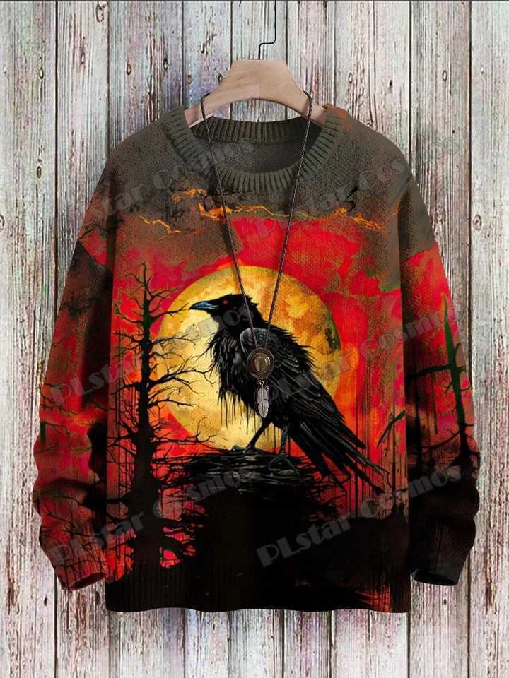 Men's Sweaters Moon Raven Art Retro Eagle Pattern 3D Printed Men's Knitted Pullover Winter Unisex Casual Warm Knit Pullover Sweater ZZM77