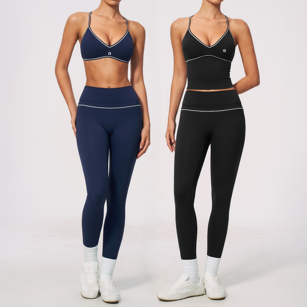 Aalloo New Women's Sports Set V Neck Color Block Halter Tight Fit Breathable Hip Lifting Tummy Control High Waist Fitness Outfit