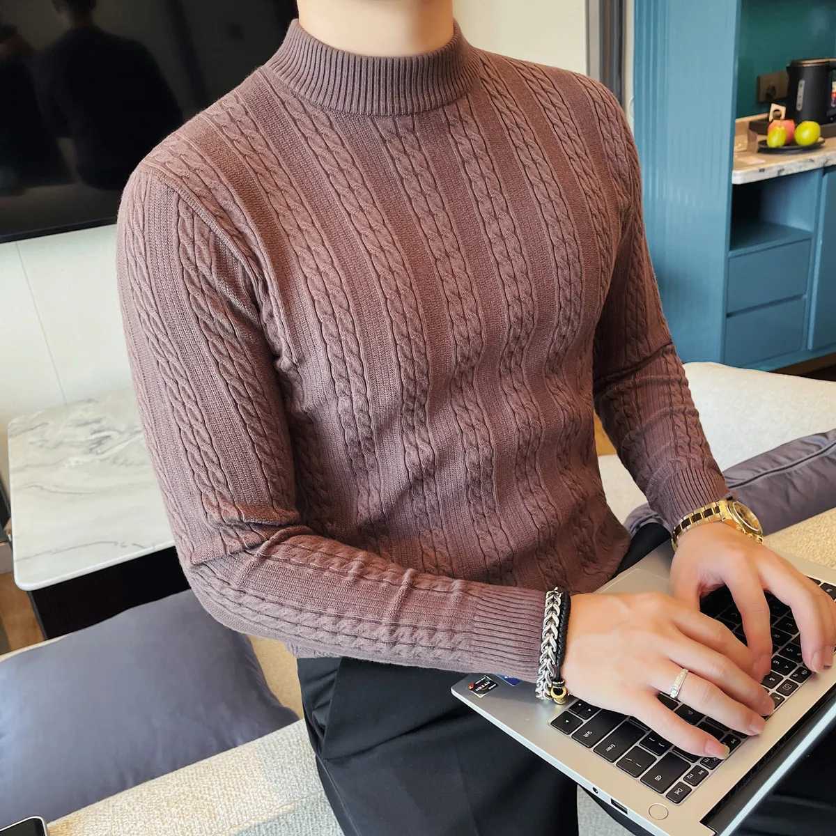 Men's Sweaters 2025 Autumn Winter Men's Half High Neck Solid Color Sweater Fashion Slim Fit Twist Knitted Thickened Warmth Sweater Pullove