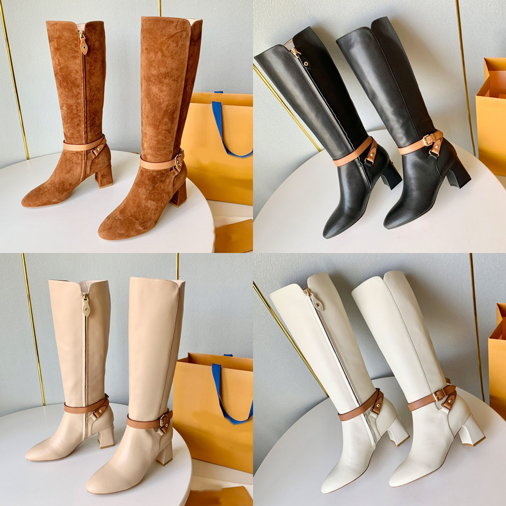 boot woman designer knee high block heel point toe zipper strap leather luxury comfortable black beige khaki gold work office vintage retro modern c