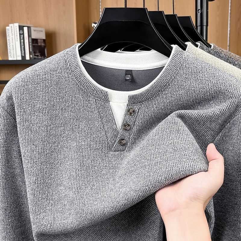 Men's Sweaters High End Spring Autumn Sweater V-Neck Fake Two-Piece Button Design Fashion Brand Korean Simple Casual Comfort Knitted Pullover D