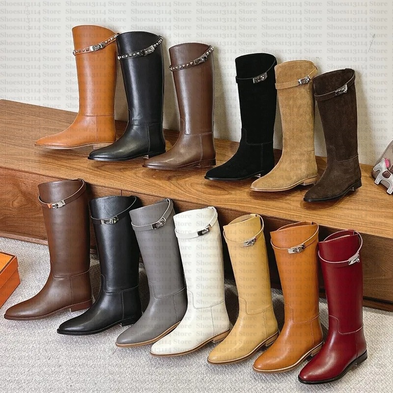Luxury Tall Boot Buckle Designer Metal Lock Calfskin Slip-on Smooth High Boots Womens Ladies Knight Chunky Heel Leather Knee-high Riding Flats Rubbe