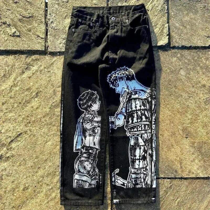 Harajuku Japanese anime printed luggage jeans wide leg Trouser streetwear Y2k mens high waisted pants 241031