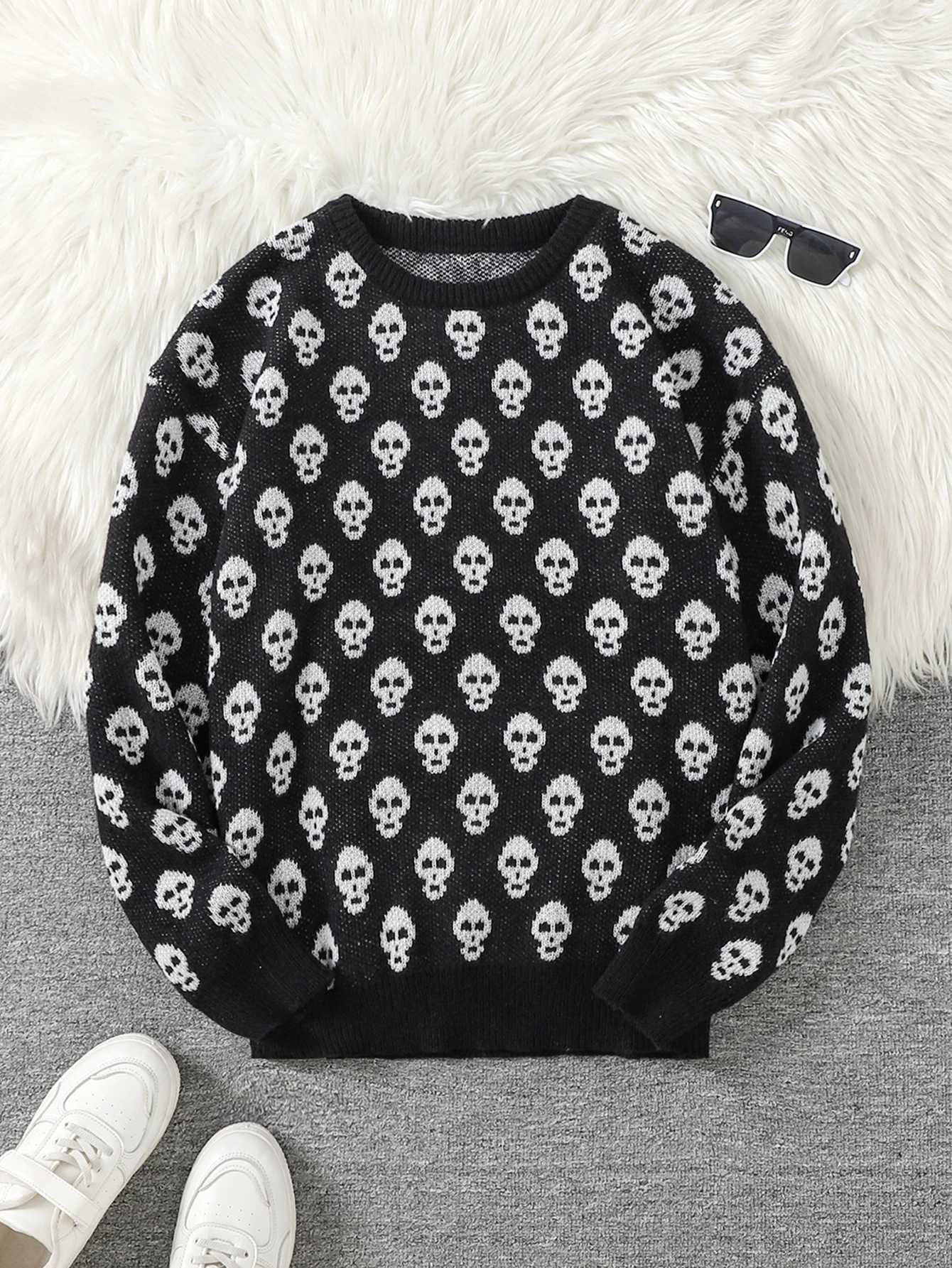 Men's Sweaters Autumn and Winter All-Over Skull Jacquard Pattern Pullover Sweater Casual Round Neck Knitted Men's Pullover Halloween Gift