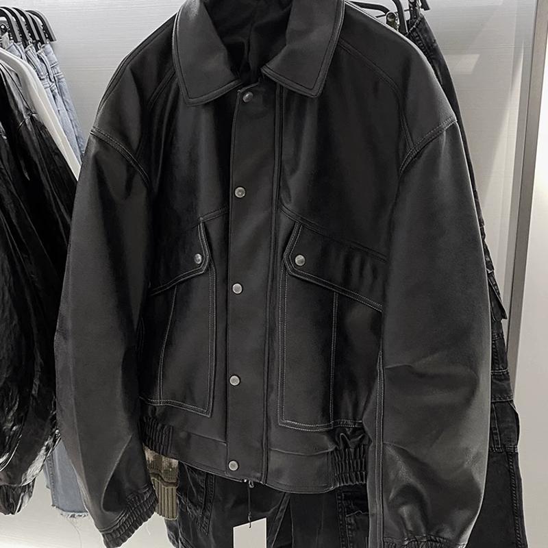 Veste en similicuir PU pour hommes, col à revers, coupe ample, fermeture éclair, manteau de motard, automne hiver, coupe-vent, vêtements d'extéri