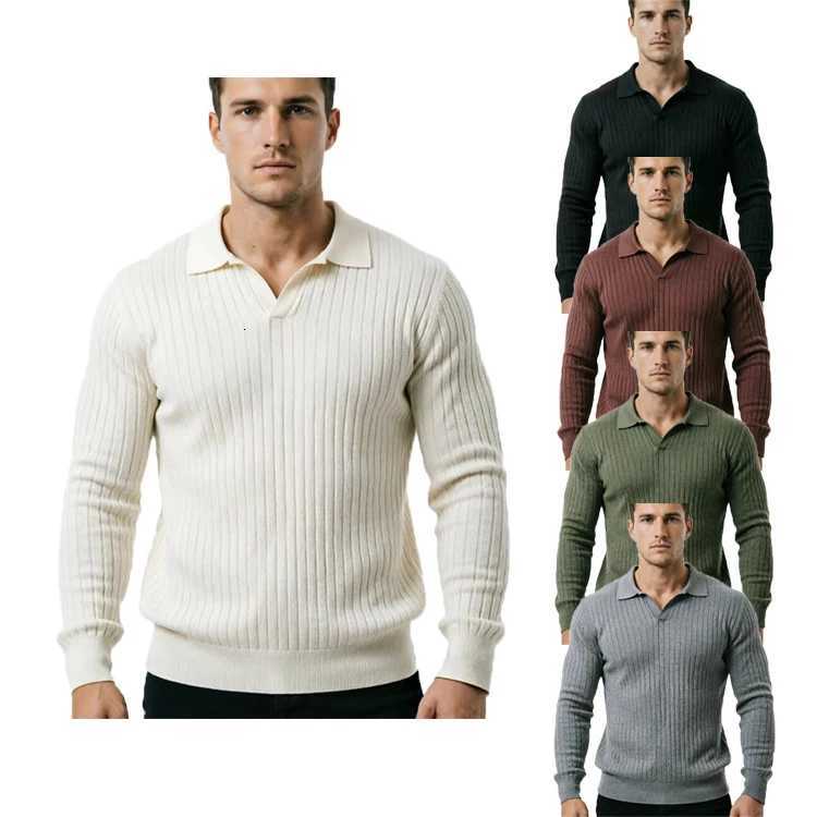 Men's Sweaters Casual Solid Color Hand Sewn Lapel Knitted Sweater for Men in Autumn Light Mature Commuting Sweater D261009