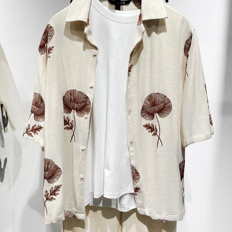 High-Quality Men's Summer Loose Floral Embroidered Short-Sleeve Collared Button-Down Shirt, Cotton Blend, Casual Daily Style