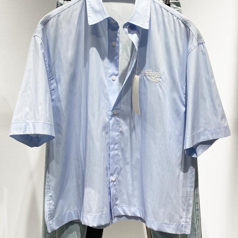 High-Quality Merchandise Men Summer Striped Short Sleeve Shirt Casual Loose Color Block Embroidery Print Button Up Cotton Shirt Unisex Tops