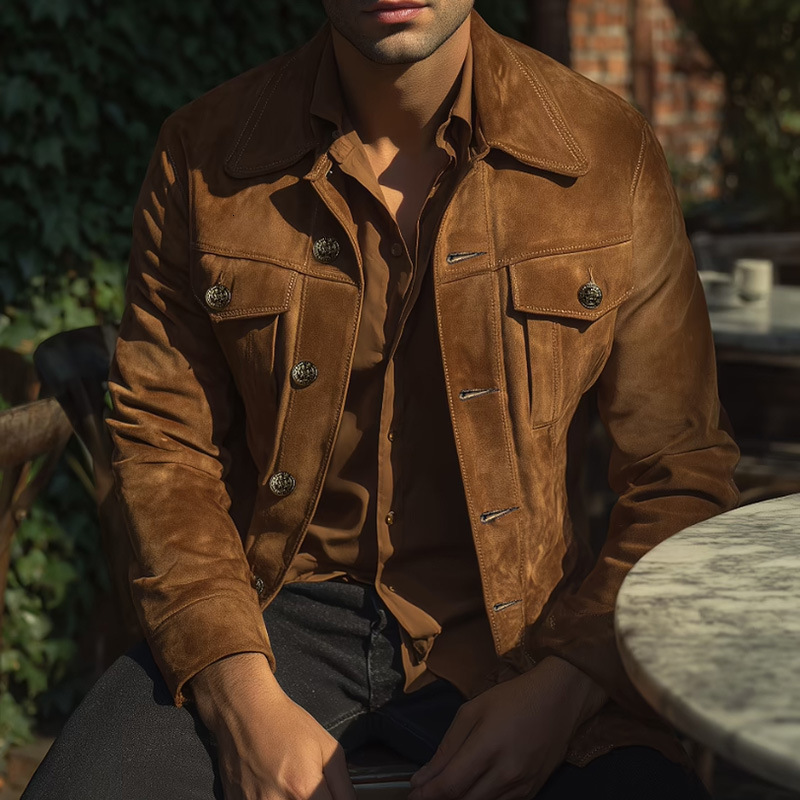 Vintage Brown Suede Mens Suit Hunting Jacket Single Breasted Slim Fashion Casual Outdoor Jacket Lapel 251017