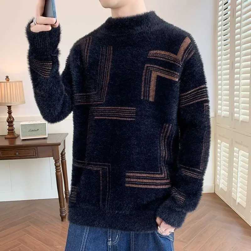 Men's Sweaters 2025 Thickened Sweater Men's Autumn Winter Casual Half High Neck Pullover Knitwear Furry Korean Loose Simple Sweaters 3 Col