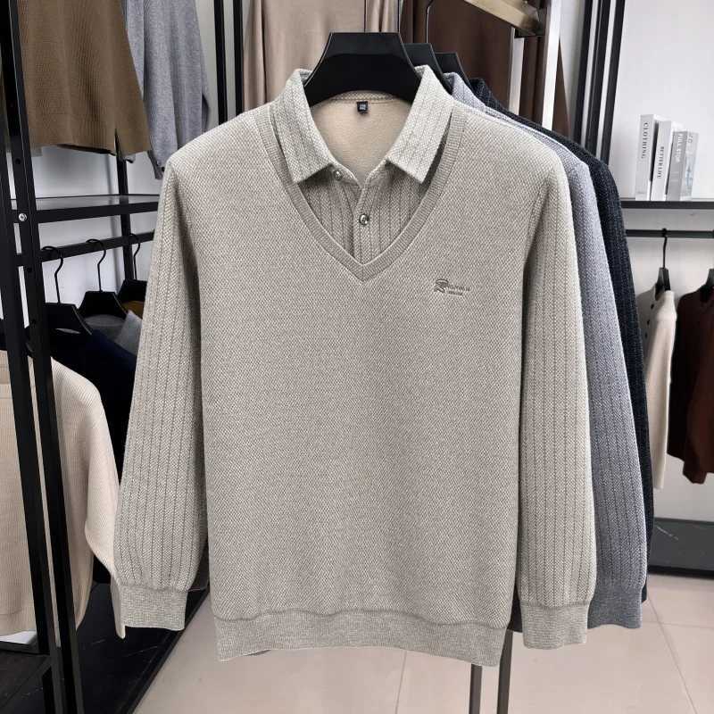 Men's Sweaters Brand Men's Plush Wool-Lined Knitted Sweater Patchwork Striped Lapels One-piece fl1 Thickened Menswear Warm Pullovers D2610